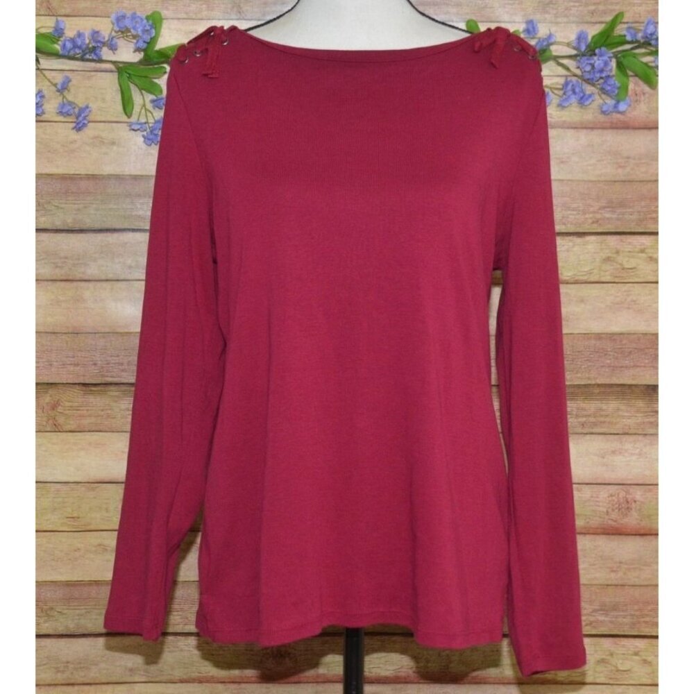Talbot's Boat Neck Shoulder Tie Ribbed Knit Top Shirt Size L Long Sleeve Pink